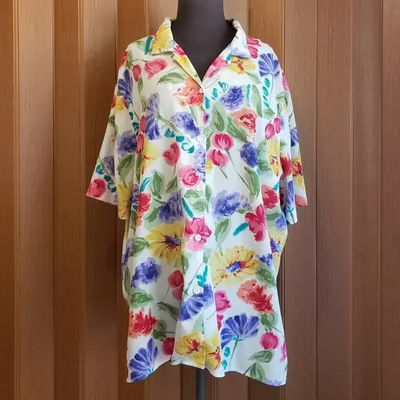 Haut à Boutons Alfred Dunner Taille 22W - Imprimé Floral Noir - Polyester Stretch - Occasion Très Bon état